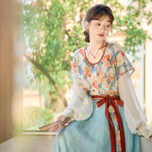 
Original Hanfu Women [Thirteen Years Old - Rouge Lake] Tang Dynasty Tan Collar Tang Fuzi Waist-length Eight-break Skirt Light Summer Style