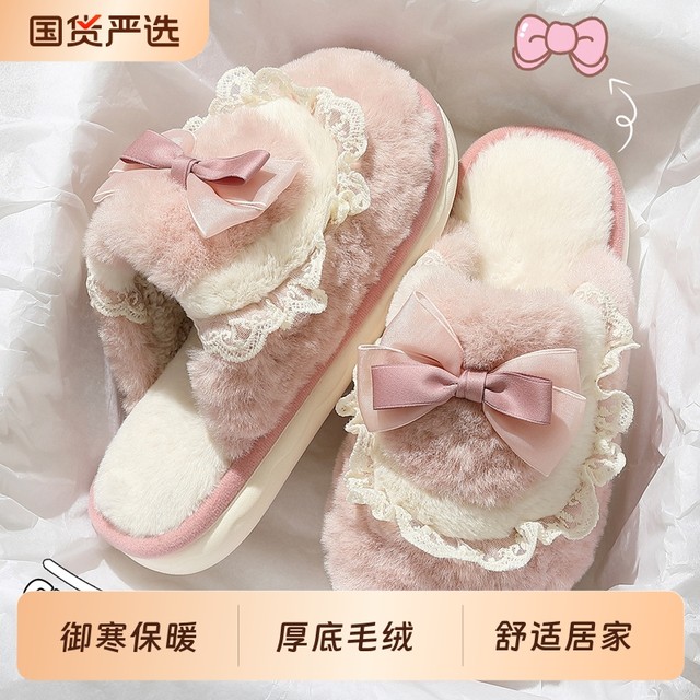 Bow cotton slippers for women in autumn and winter 2025 new indoor home fluffy non-slip warm cotton slippers for winter
