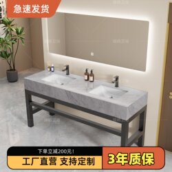 Modern Minimalist Marble Double/Bathroom Sink with Three Basins, No-Drill Floor-Standing Bathroom Cabinet Set for Public Restroom Washbasin