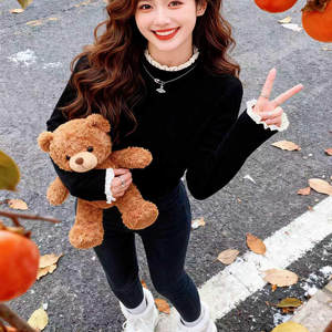 Lace splicing half turtleneck bottoming shirt for women in autumn and winter double-sided brushed slim design knitted sweater with ak