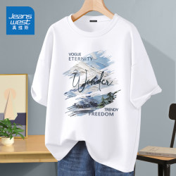 Jeanswest Short-Sleeve T-Shirt for Men, Pure Cotton, 2025 Summer New Style, Youth American High Street Trendy Brand Long-Sleeve Base Shirt