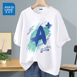Jeanswest Youth T-Shirt Men's Short Sleeve 2025 New Summer Pure Cotton Men's Loose Large Size Half-Sleeve T-Shirt Trendy