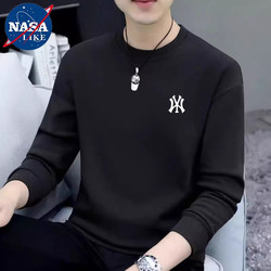 Nasa Co-Branded Sweatshirt for Men, 100% Pure Cotton, Autumn and Winter Fleece-Lined, Thickened, Casual Round Neck, Sports Trendy Long-Sleeved Top