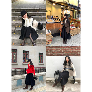 
DaqianwithU black pleated woolen skirt women's autumn and winter casual versatile high-waisted A-line slimming long skirt
