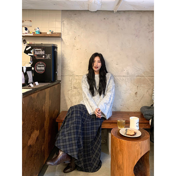 
DaqianwithU twill blue and gray plaid brushed skirt for women 2025 new autumn and winter thickened A-line skirt