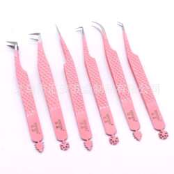 Manufacturer supplies high-precision grafted eyelash blooming tweezers 304 stainless steel striped eyelash tweezers pink fiber