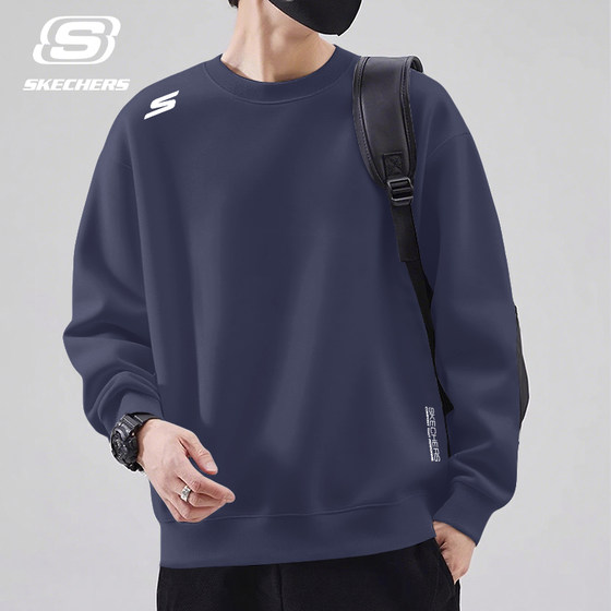 
Skechers sweatshirt men's 2025 autumn velvet thickened loose retro round neck casual long-sleeved sports trendy brand inner wear