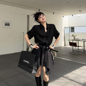 
Blackgirl[不forget] striped dress summer short-sleeved shirt short skirt Yujie narrows the waist and looks slim
