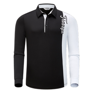 
Golf clothing Men's long-sleeved T-shirt POLO shirt lapel black and white contrasting outdoor sports and casual tops