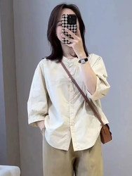 2026 Spring/Summer New Korean Style Three-Quarter Sleeve Shirt for Women, Loose Fit, Slimming, Commuting Versatile Round Neck Top