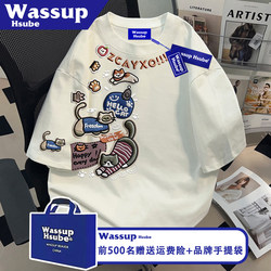 Wassup Cute Trendy Brand Cat Print T-Shirt ins White 100% Cotton Comfortable Top Unisex Short Sleeve