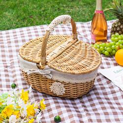 Outdoor Picnic Basket, Rattan Woven, Country-Style with Lid, Premium Wicker Shopping Gift Basket, Hotel Cleaning Tools