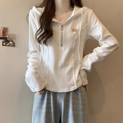 White Hooded Long-Sleeve Sweatshirt for Women, 2025 New Autumn Design, Niche Style, Slimming, Pure Cotton, Regular Shoulder T-Shirt Top