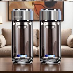 Imported Tempered Glass Cup with Double-Layer Lid, Compact, Thickened, Insulated, Suitable for Home and Car Use, Portable, Explosion-Proof, High Temperature Resistant, High Boron