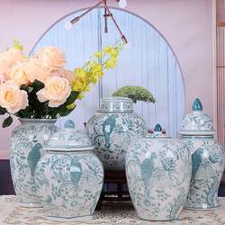 New Chinese style retro blue and white porcelain storage jar new Chinese style living room entrance cabinet model room flower arrangement vase ornaments