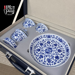 Jingdezhen Blue and White Lotus Pattern Kung Fu Tea Set with Gaiwan Tea Cup, Chinese-Style Tea Brewing Set for Home Use, High-End Gift Box