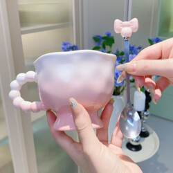 【Mug + Bowknot Spoon】Ceramic Coffee Cup with Gradient Color for Girls, Dormitory Essentials, Ceramic Breakfast Cup