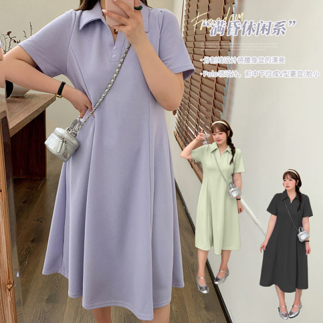Large size fat mm age-reducing Polo collar dress 2024 summer new lady waist slimming A-line skirt 210199