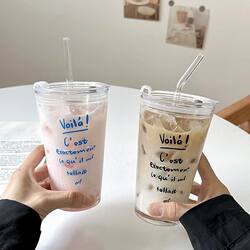 ins Wind Letter Print Glass Cup High-Quality Water Cup Coffee Cup with Lid Straw Cup Juice Cup Milk Cup