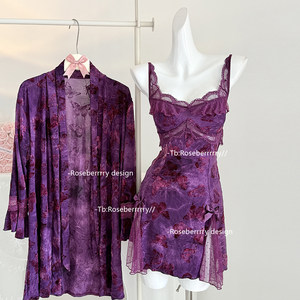 
Roseberry Rookie Factor, Sexy Mesh Flocking Sling Night Dress with Chest Paddle Pajamas