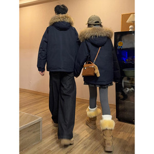 
Navy blue fur collar hooded down jacket for men and women, winter high-end couple coat, cold-proof workwear jacket