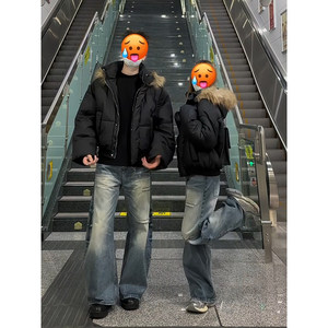 
American style fur collar hooded down jacket for men, winter plus velvet and thickened short cotton coat, high street couple PU leather jacket