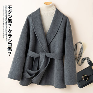 Winter double-sided cashmere coat for women in women's green fruit collar mid-length loose lace-up Korean small pure wool coat
