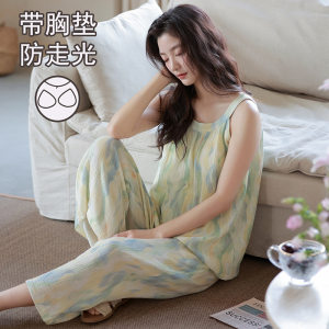 带胸垫防走光睡衣女夏季短袖短裤水墨紫花开衫可外穿家居服套装h