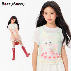 Barrybanny Girls' Cat Breathable T-Shirt 2026 Summer New Style Kidsren's Fake Two-Piece Lightweight Short-Sleeved Top