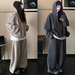 Double-Sided Ollie Velvet Ultra-Thick Sweatshirt Set for Women in Autumn and Winter, Lazy Style, Loose Wide-Leg Pants, Casual Sports Two-Piece Set
