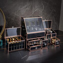 German Light Luxury Style Glass Cosmetics Storage Box Lipstick and Skin Care Product Organizer Desktop High-End Dressing Table