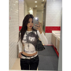 American-Style Portrait Print Long-Sleeve T-Shirt for Women, Spring and Autumn, Slim Fit, Regular Shoulder, Trendy Inner Wear, Short Top, Trendy Brand Shirt