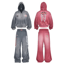 Lce* Out of Control Edge 25Ss Boxing Strap Hoodie Set Washed Distressed Eyelet Hooded Zipper Sweatshirt