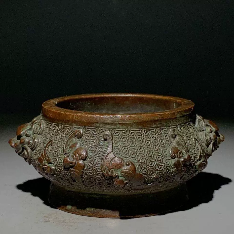 农村回流大清乾隆合金镀铜香炉熏香炉双狮五福老铜