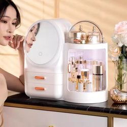 Cosmetic Storage Box for Bedroom with Led Three-Color Light, Lipstick and Skin Care Product Storage and Organization Box, Large Capacity Box
