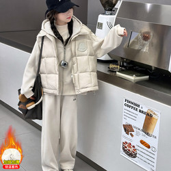 British Mdcw Girls' Fleece-Lined Thickened Sweatshirt and Vest Three-Piece Set 2025 Autumn and Winter New Style Casual Outfit for Older Girls