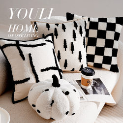 French-Style Forest Black and White Checkerboard Pattern ins High-End Throw Pillow Sofa Cushion Window Seat Cushion Pillowcase with Insert