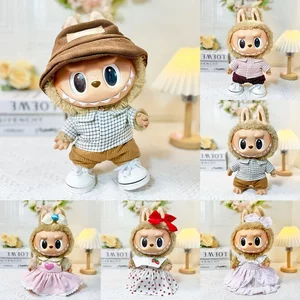 
38cm labu cloth glue-elastic plush doll clothes and labubu doll clothes plaid casual two-piece set cute