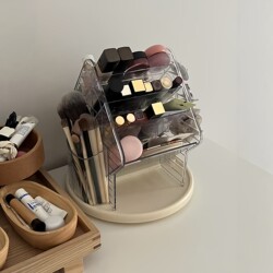 360-Degree Rotating Makeup Storage Box Desktop Dressing Table Lipstick and Skin Care Product Storage Rack Square Transparent Large Capacity