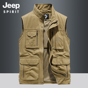 
JEEP Jeep Men's Pure Cotton Working Vest Multi-Pocket Stand Collar Vest Jacket Casual Fishing Horse Clip Vest Men