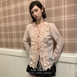 Jde Girly Ruffled Lace-Up Pink Shirt for Women, Spring Straight Loose Top, Long-Sleeved V-Neck Shirt
