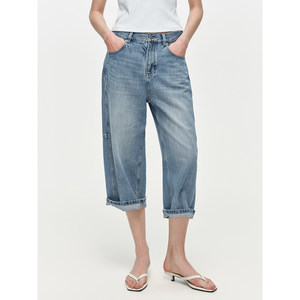 
Hua Jiyan [Sicily] 100 cotton retro washed loose eight-point jeans for women summer versatile straight pants