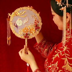 Traditional Chinese Fan for Wedding Bride, Double-Sided Embroidered Red Fan, Handmade Antique Style Fan