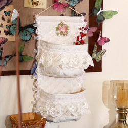 French-Style Thickened Fabric Hanging Bag with Lace Embroidery, Multifunctional Behind-The-Door Storage Bag for Wardrobe Miscellaneous Items and Small Items