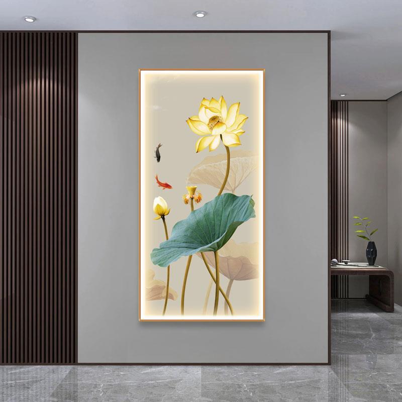 新中式玄关竖版荷花装饰画客厅茶室走廊背景墙挂画 莲花LED带灯画-淘宝网