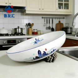 Ceramic Large Soup Bowl, Hotel Deep Dish for Chicken, Shallow Bowl for Stir-Fry, Deep Plate with Double Handles, Anti-Scald Commercial Use, Hot Pot Fish, Pickled Fish Soup Bowl