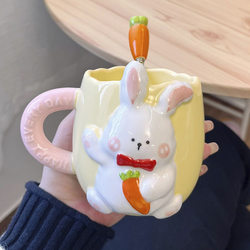 Cute Jingdezhen Ceramic Mug, High Aesthetic Value, Korean Style, Fluffy Bunny, Chubby Breakfast Cup