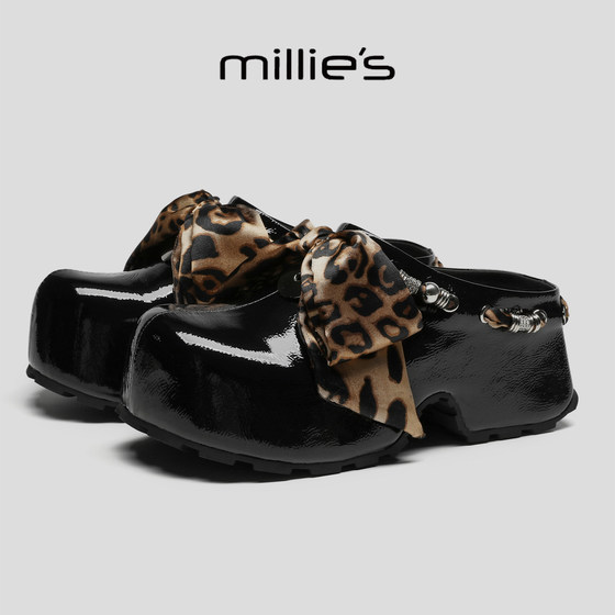 
MILLIE'S/MILLIE'S beautiful leopard print bow thick-soled toe slippers women's black outer slippers