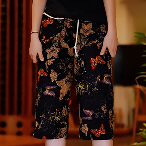 
Summer thin fashion cropped pants for men's trendy retro style pants loose cotton linen Chinese style beach pants
