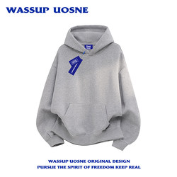 Wassup American Retro Gray Hooded Sweatshirt for Men, Autumn and Winter 2026 New Style, Loose Heavyweight Oversized Couple's Top